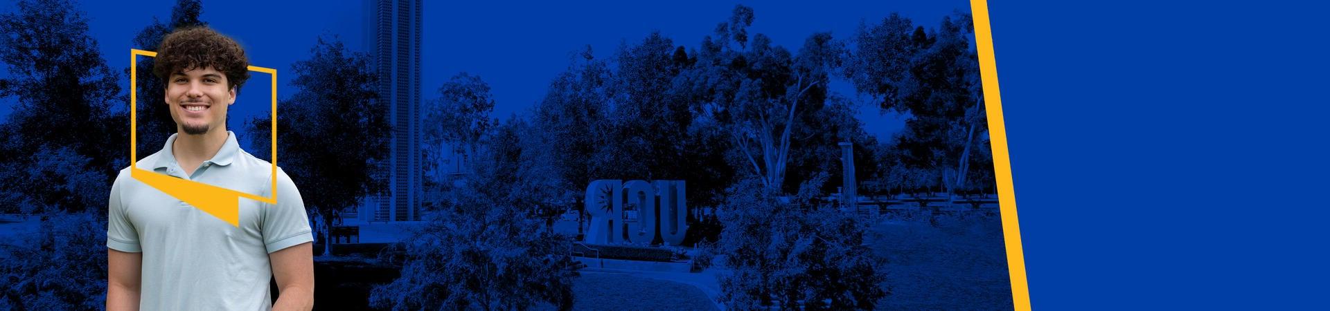 UCR student in front of UCR campus